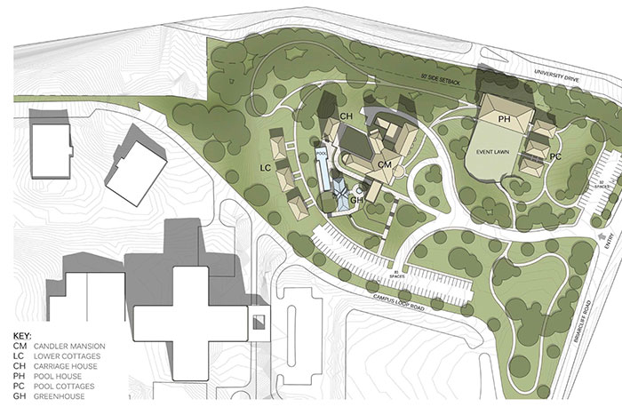 A site plan for the proposal shows the location of new cottages and a new poolhouse and event lawn.